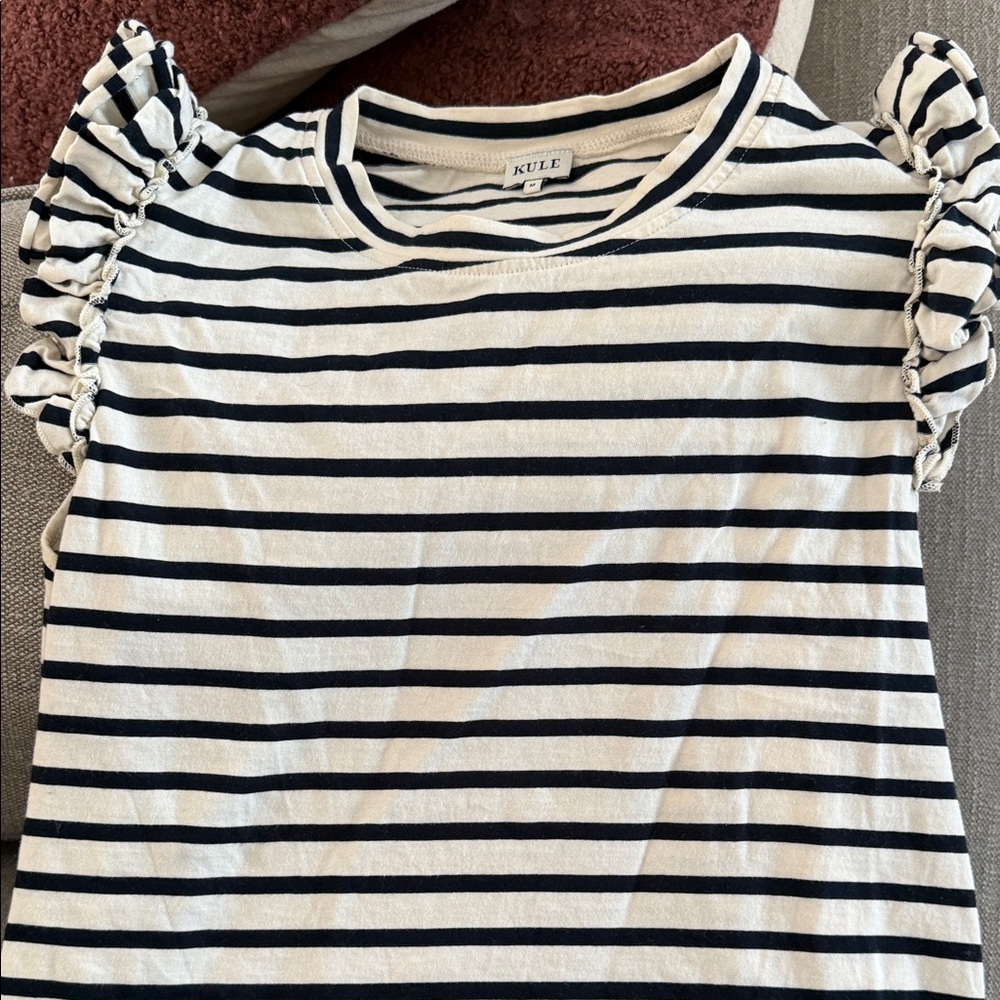 KULE Navy and White Striped Tee with Ruffle Sleeves